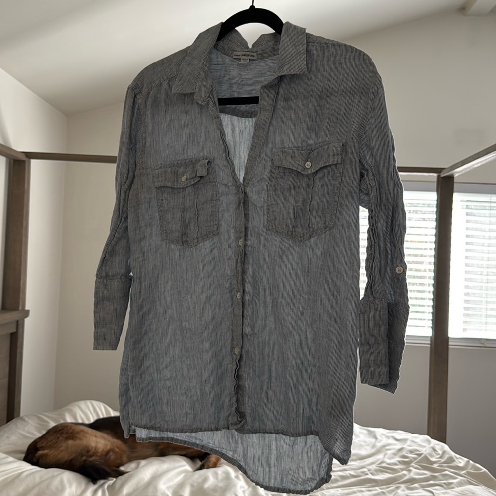 James Perse Blue White Striped Button Down 3/4 Long Sleeve Size 3